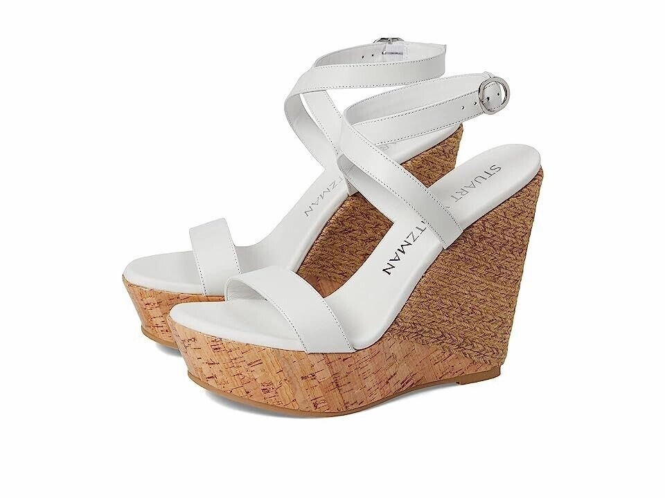Stuart Weitzman 5050 Sandals Women's US 9.5 White Ankle Strap Wedge Heel KHD826 Sandals Montego Bay Overwater Bungalows