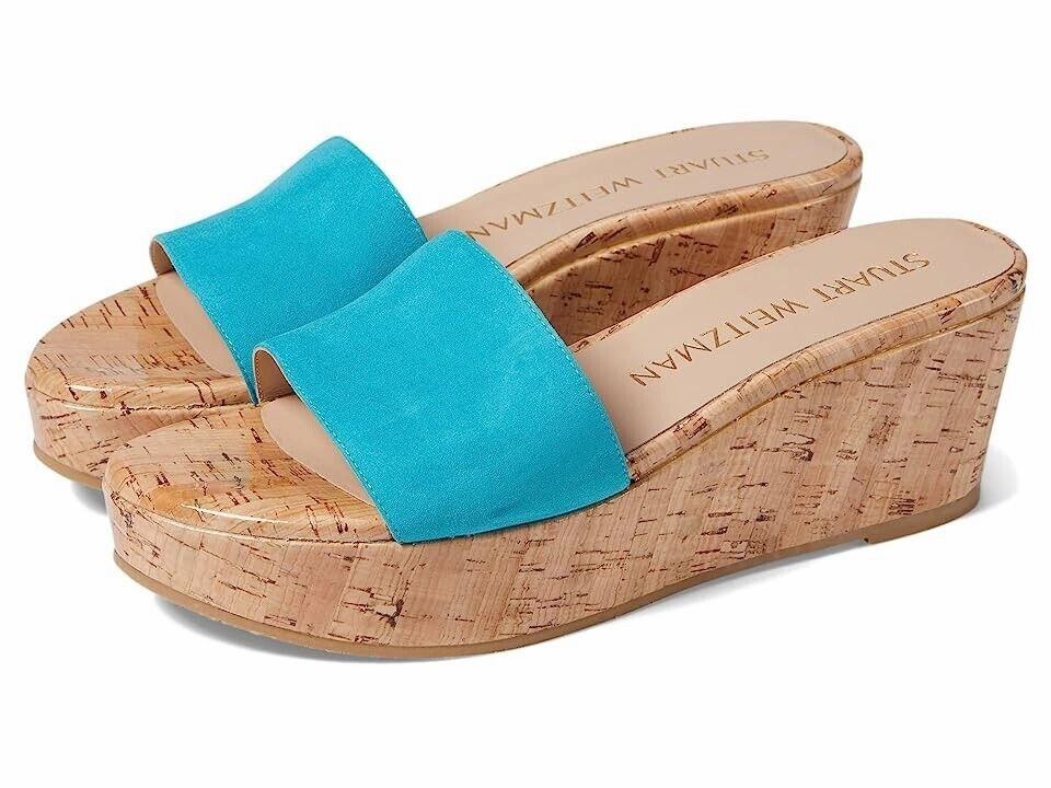 Stuart Weitzman Summer Sandals Women's US 10.5 Blue Leather Wedge Heel KHD822 Slide Comfort Sandals