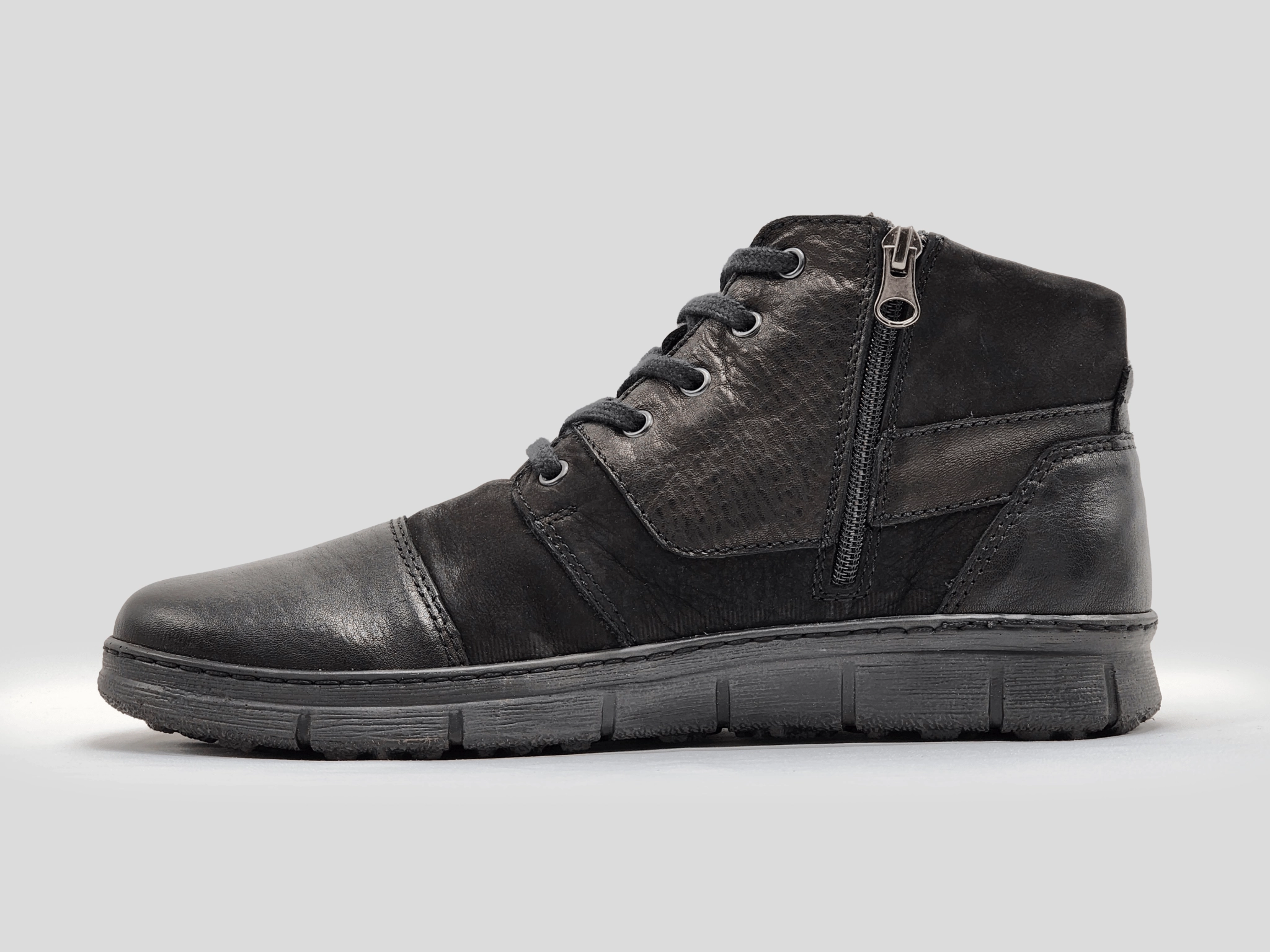 Knee High Block Heel Boots Men's Everyday Wool-Lined Zip-Up Leather Boots - Black