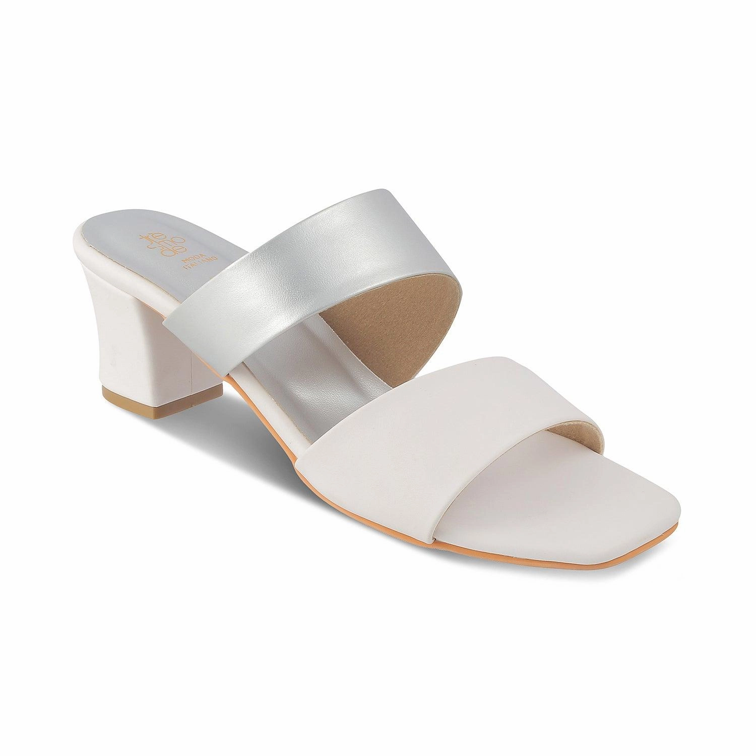 Slide On Sandals Leather The Satania Silver Women's Dress Block Heel Sandals Tresmode
