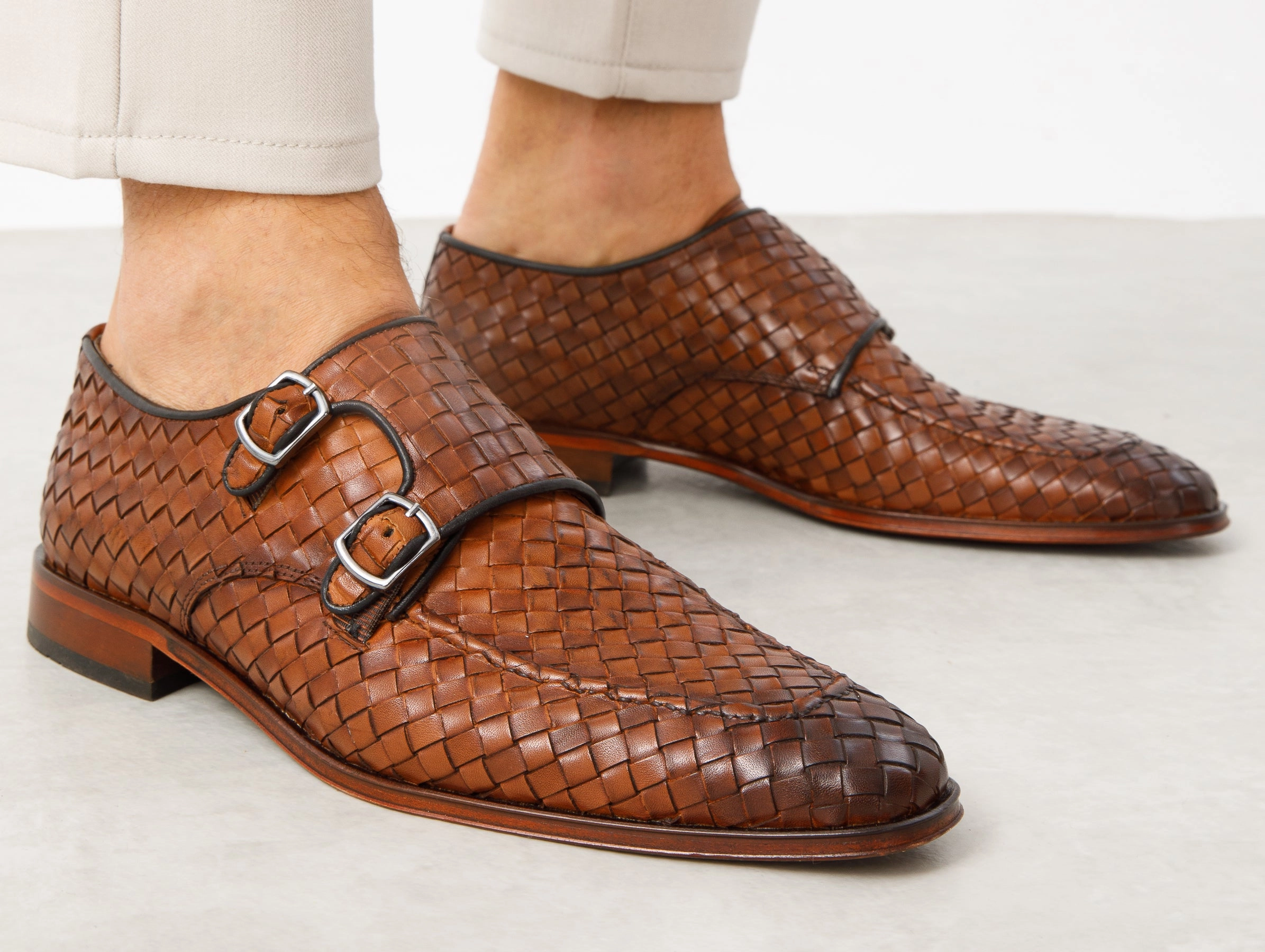 The Turan Brown Woven Double Monk Strap Dress Men Shoe Men Shoes Dress