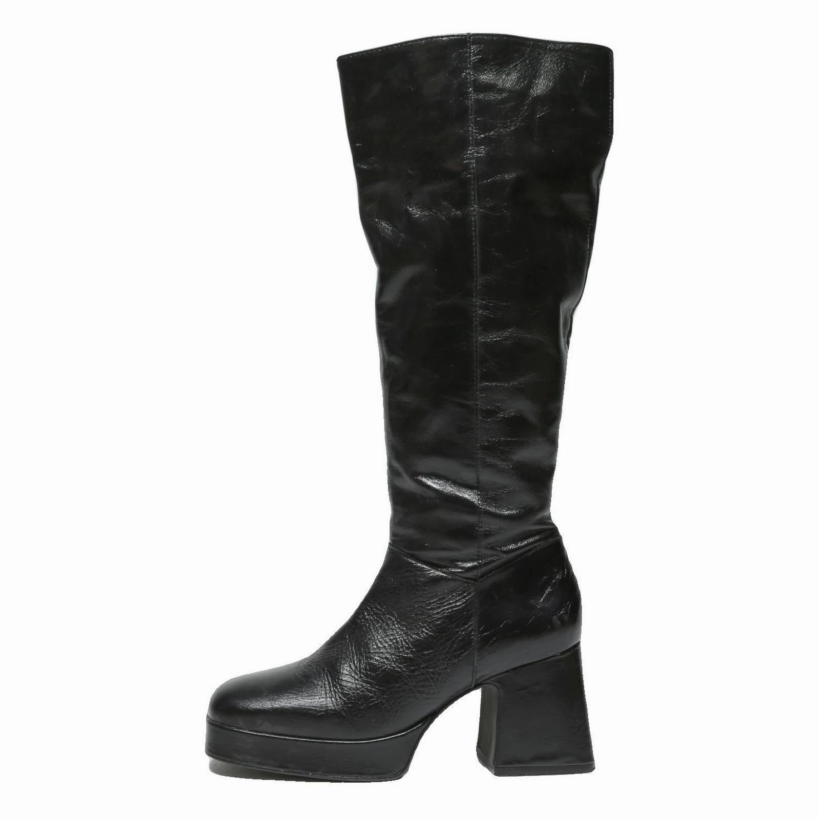 TOPSHOP Womens Black Leather Platform Knee High Boots UK 6 Fashion Stylish Rhinestone Western Boots
