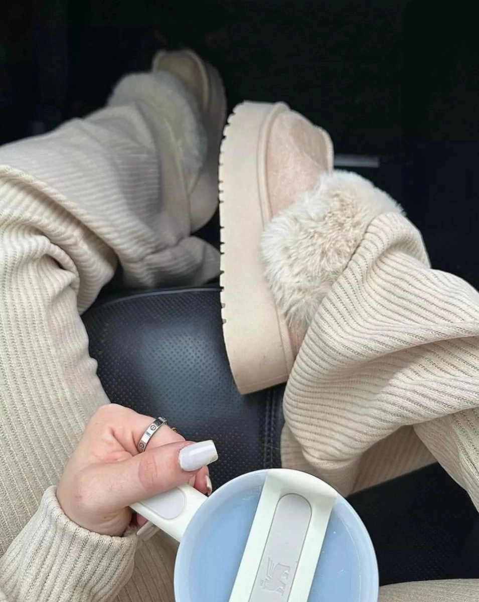 Faux Fur Trim Whisp Chunky Platform Slippers Stuffed Slippers