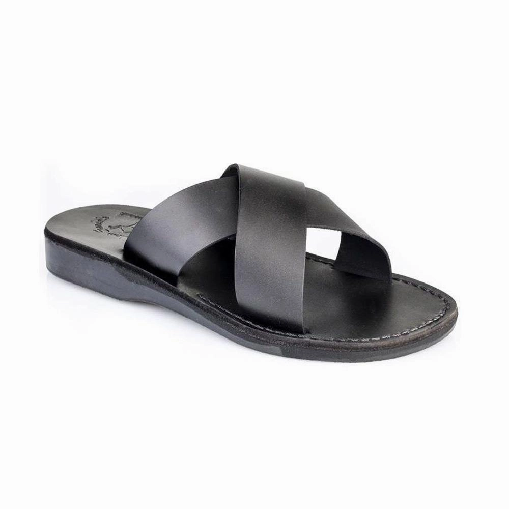 Wedge Thong Sandals Elan - Leather Cross Strap Sandal | Black