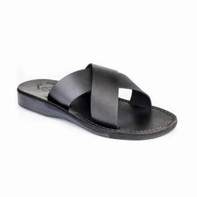 Denim Slide Sandals Elan - Leather Cross Strap Sandal | Black