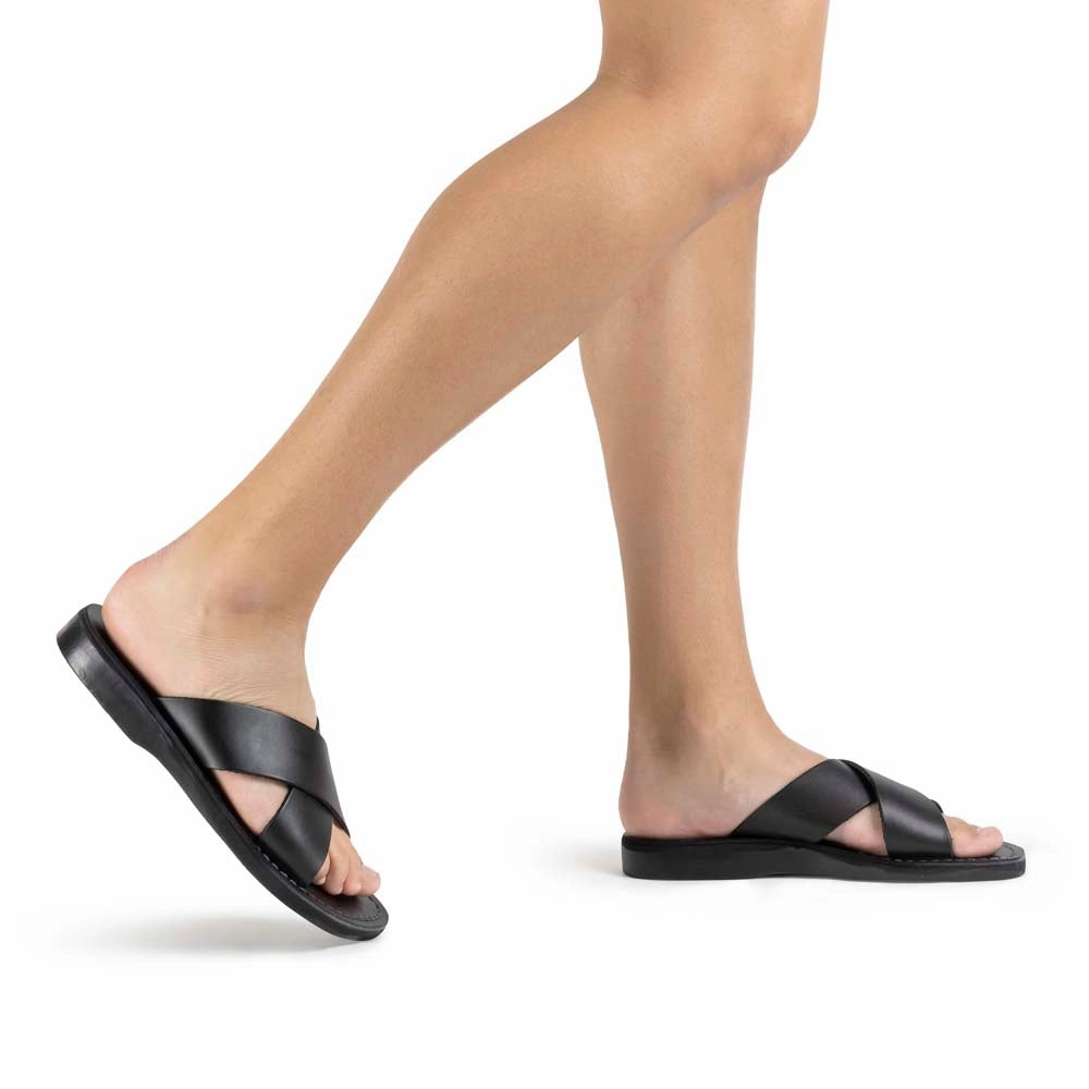 Elan - Leather Cross Strap Sandal | Black Sandals With Best Support