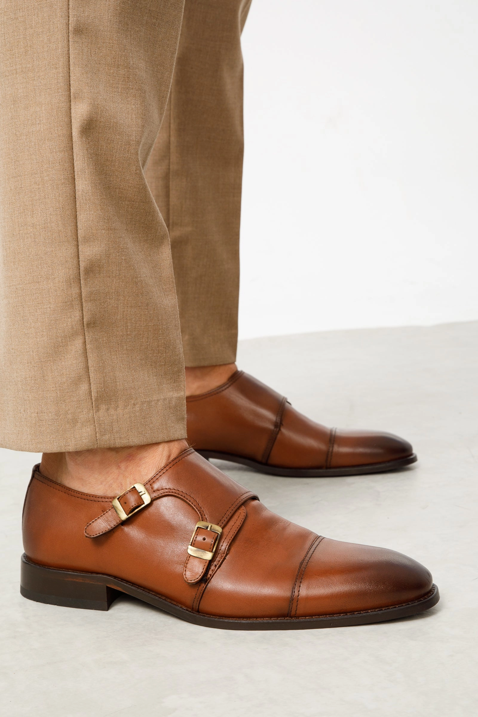 The Essen Brown Cap Toe Double Monk Strap Men Shoe Bottom Of Dress Shoes