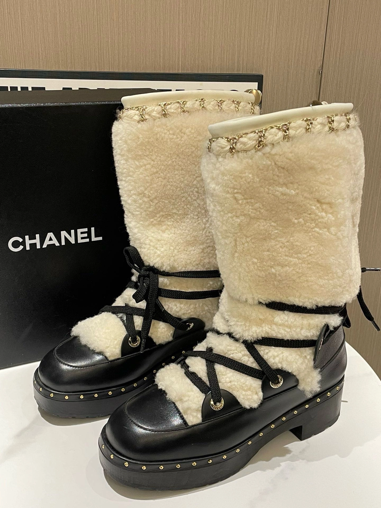 Slip On Waterproof Boots Chanel Shearling Boots White Shearling Style Boots