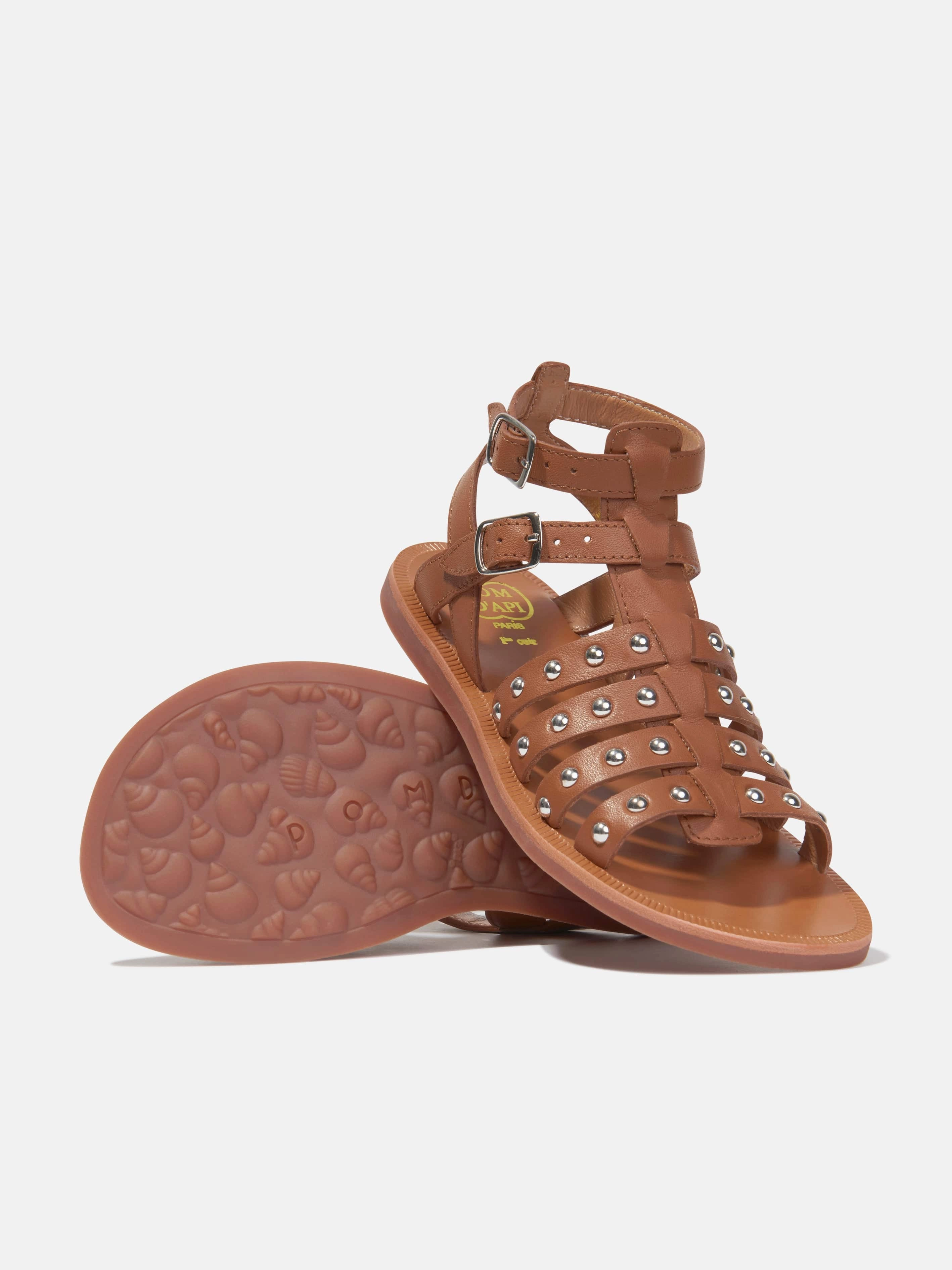 Pom D'Api Girls Leather Plagette Stud Sandals in Camel Sandals By
