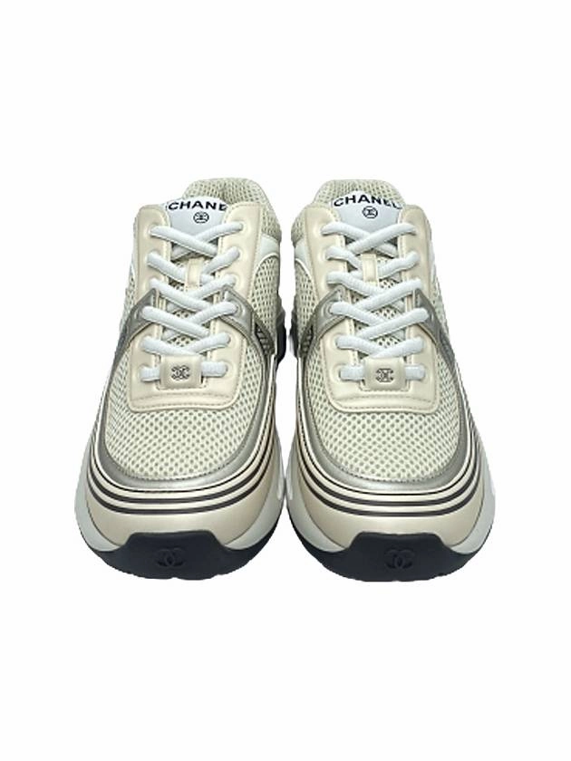 Women CC Logo Fabric Laminated Low Top Sneakers Silver Ivory Chanel Seahawks Sneakers