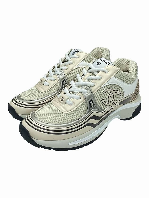 Marc Jacobs Platform Sneakers Women CC Logo Fabric Laminated Low Top Sneakers Silver Ivory Chanel