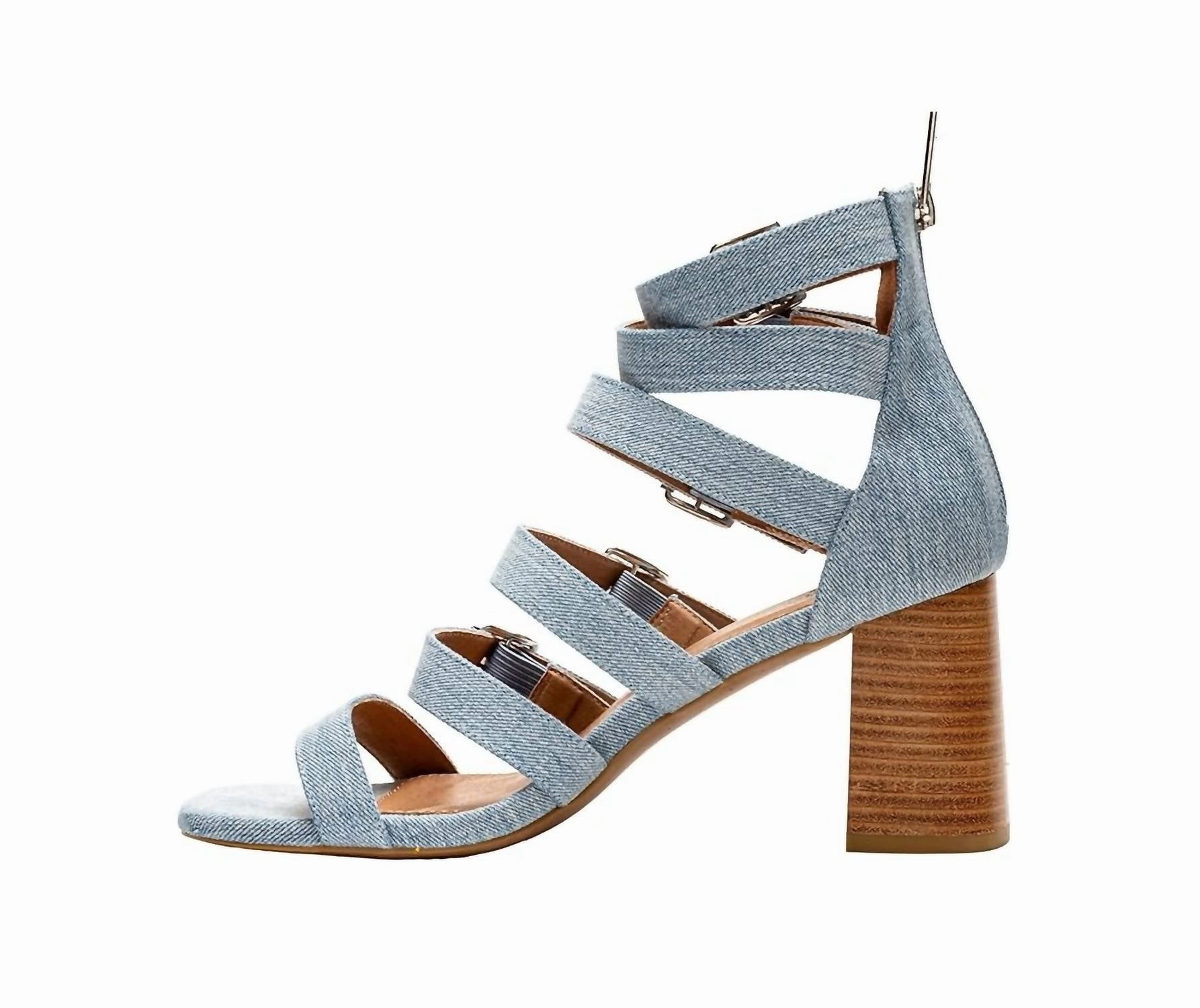 Women's Buckle Down Heel Sandals In Denim High Wedge Sandals