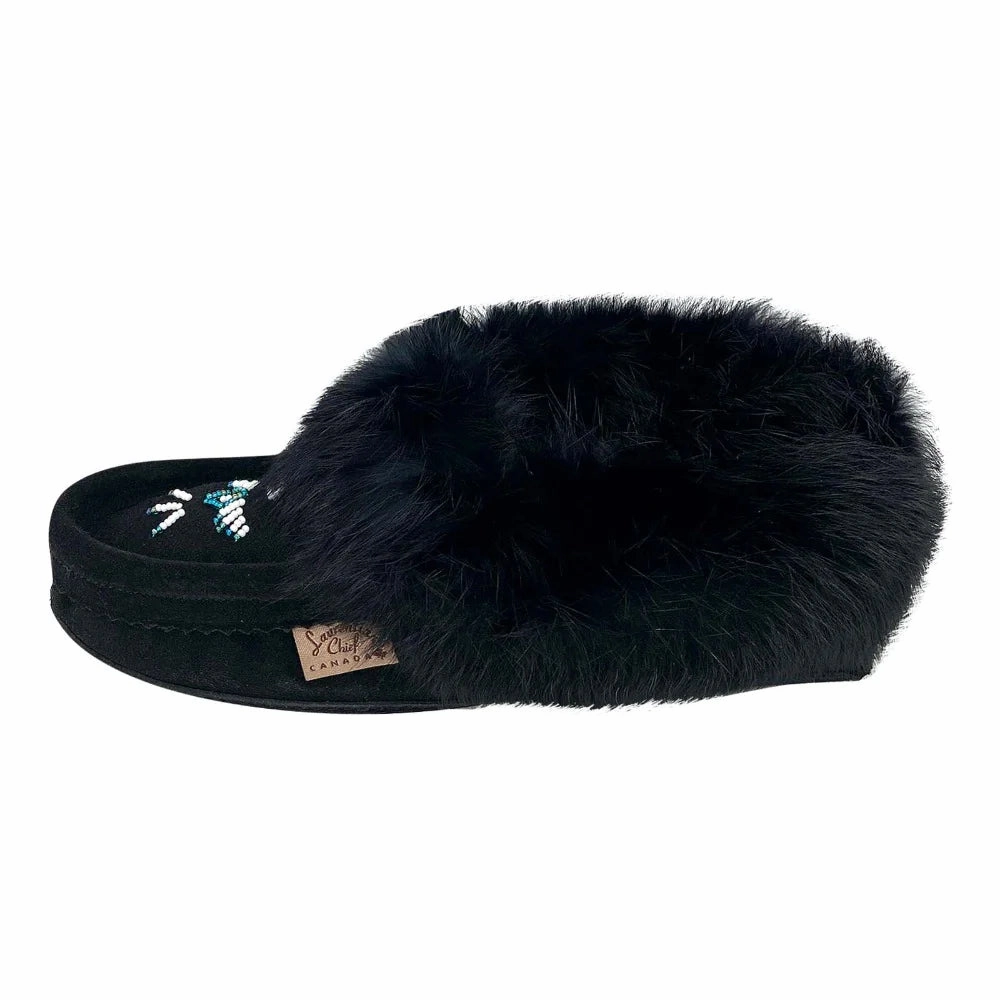 Women's Rabbit Fur Thunderbird Beaded Moccasins Black Slippers Poop