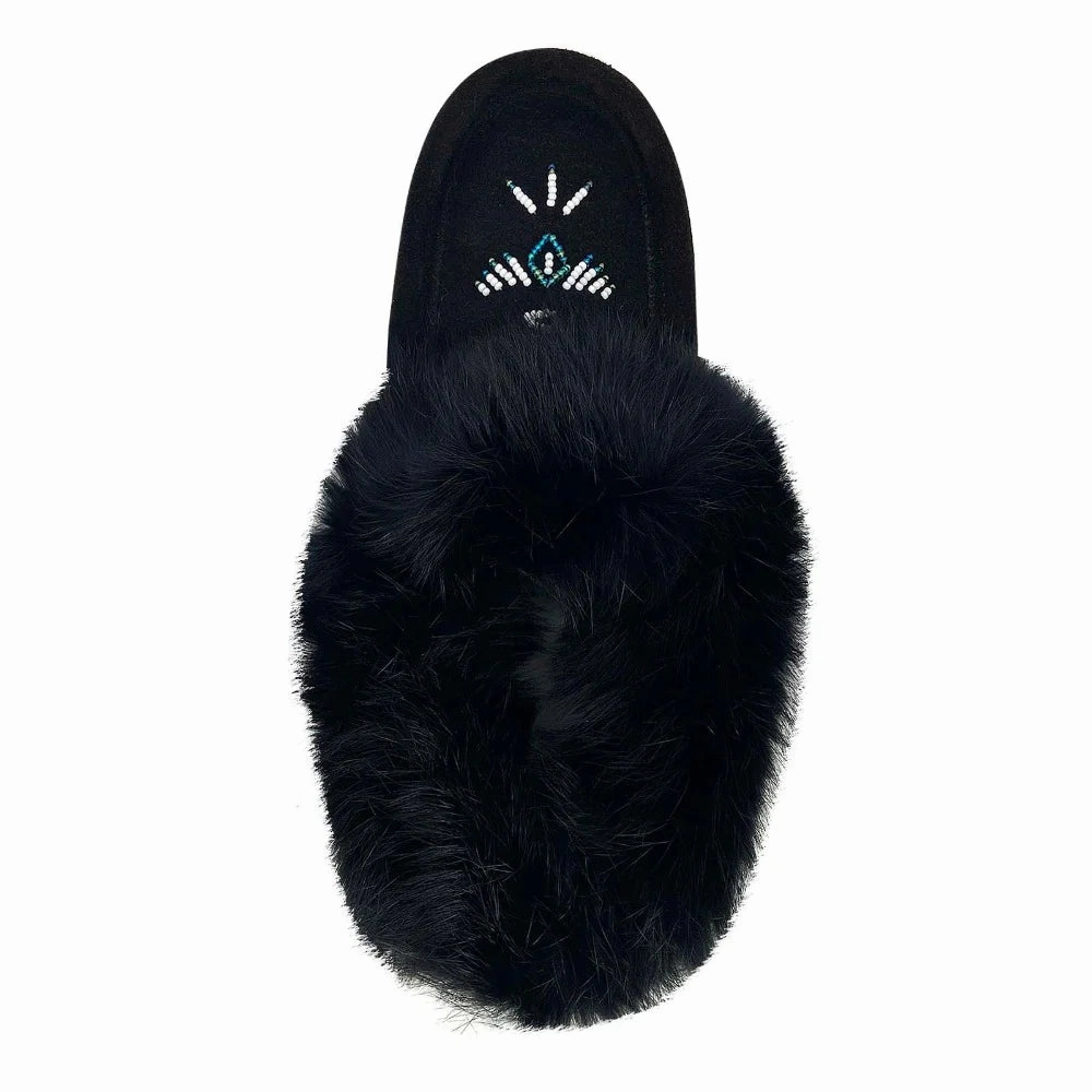 Women's Rabbit Fur Thunderbird Beaded Moccasins Black Soft Sole Slippers For Ladies