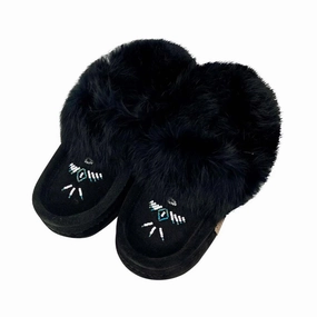 Women's Rabbit Fur Thunderbird Beaded Moccasins Black Buffalo Bills Slippers