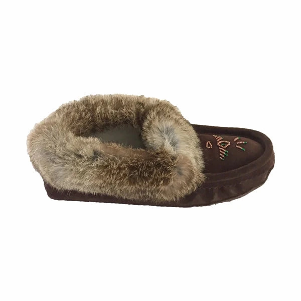 Women's Rabbit Fur Thunderbird Beaded Moccasins Chocolate Rhinestone House Slippers