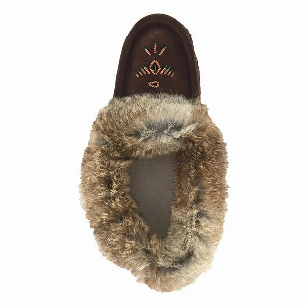 Women's Rabbit Fur Thunderbird Beaded Moccasins Chocolate Ski Slippers