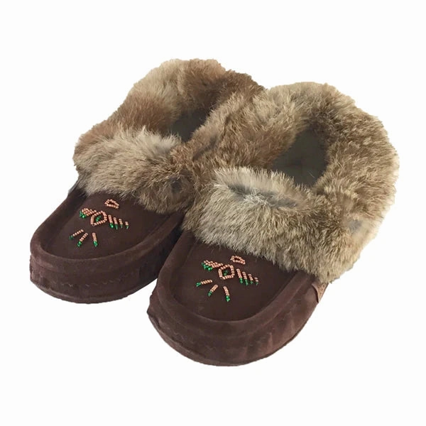 Short Slippers Women's Rabbit Fur Thunderbird Beaded Moccasins Chocolate